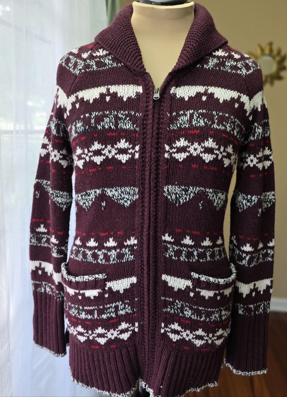 Eddie Bauer Wool Blend Fair Isle Cardigan L Burgundy Nordic Scandi Full Zip